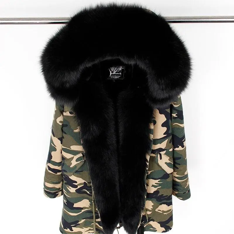 Women's Parka Natural Fox Fur Long Coat Artificial Fur Lining Fur