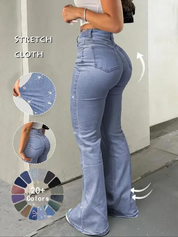 Women's High Waist Flare Jeans – Casual Button Fly Bell Bottom Denim Trousers