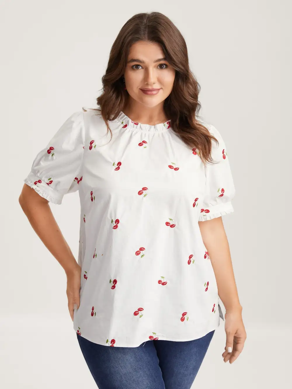 Cotton Cherry Embroidery Ruffled Neck Blouse