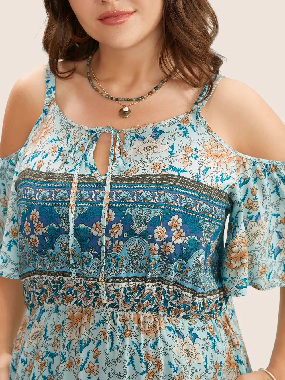 Floral Print Pocket Keyhole Ruffles Cold Shoulder Maxi Dress