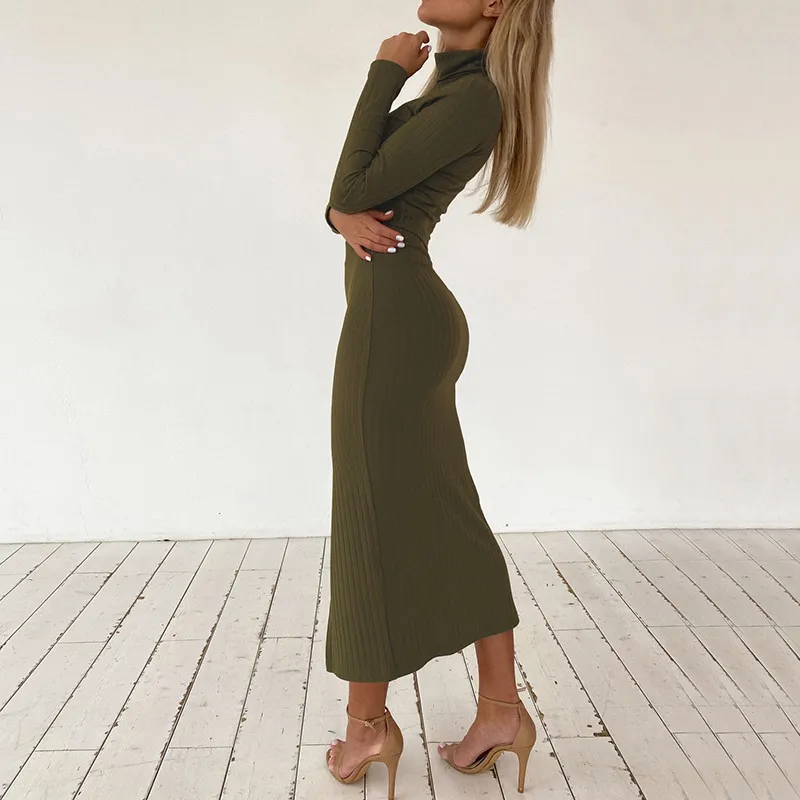 High neck long sleeve T-shirt high waist split skirt casual suit