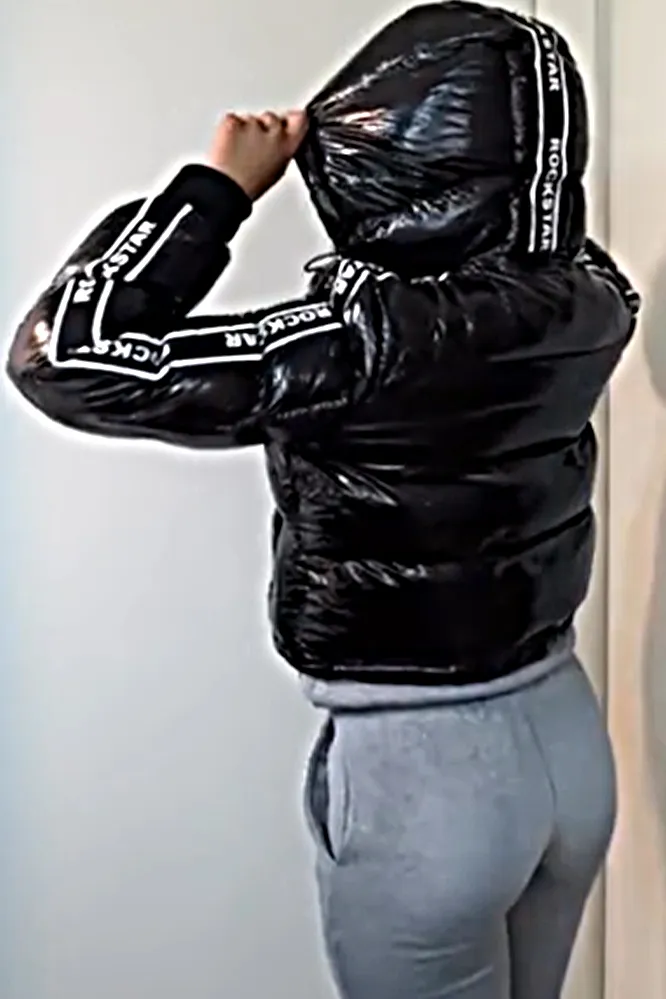 Women's patent leather glossy hooded down jacket