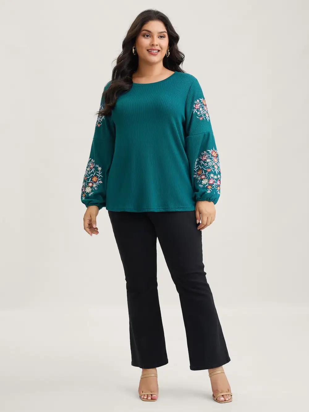 Waffle Knit Floral Embroidered Lantern Sleeve T-shirt