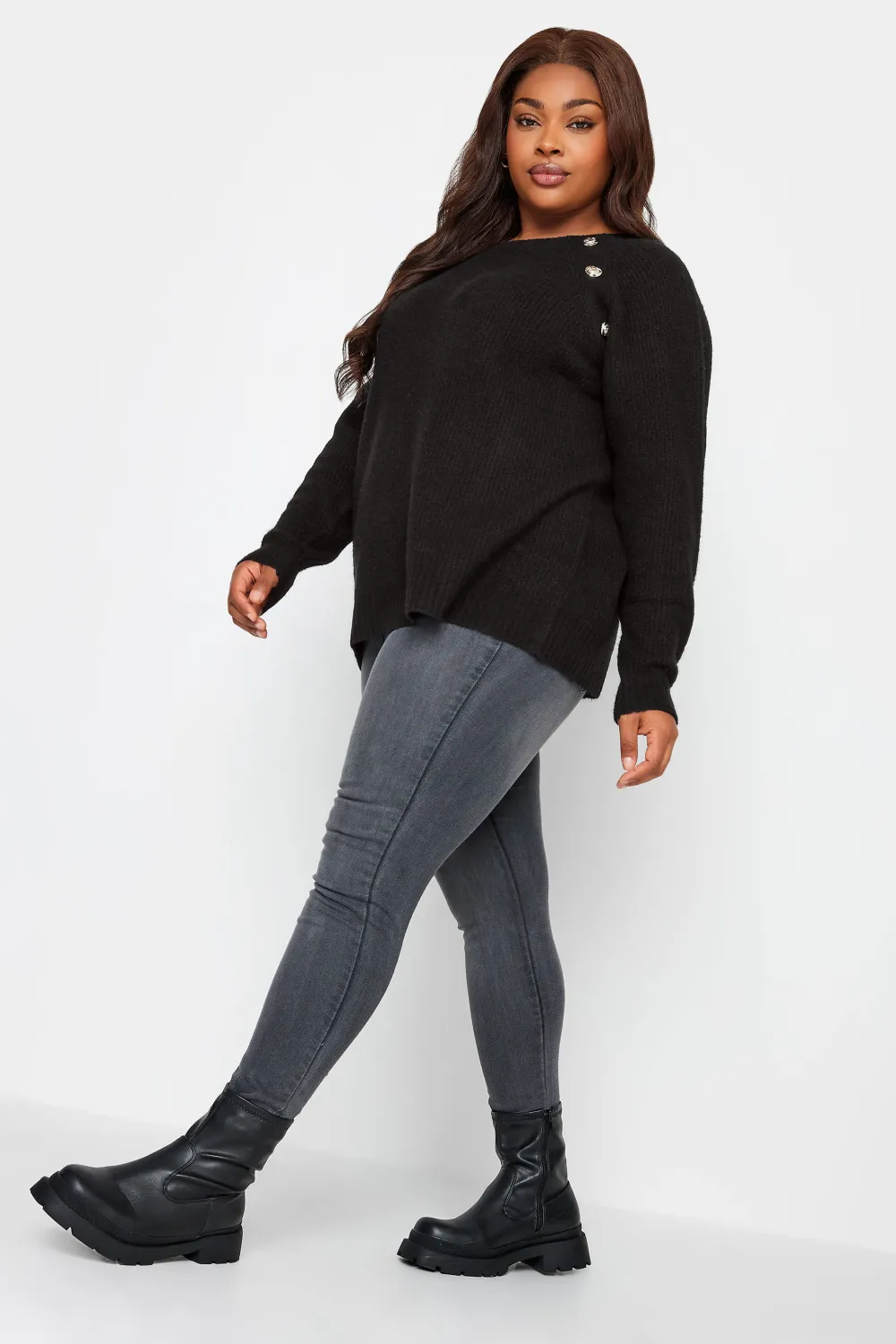 YOURS Curve Black Button Detail Knitted Jumper