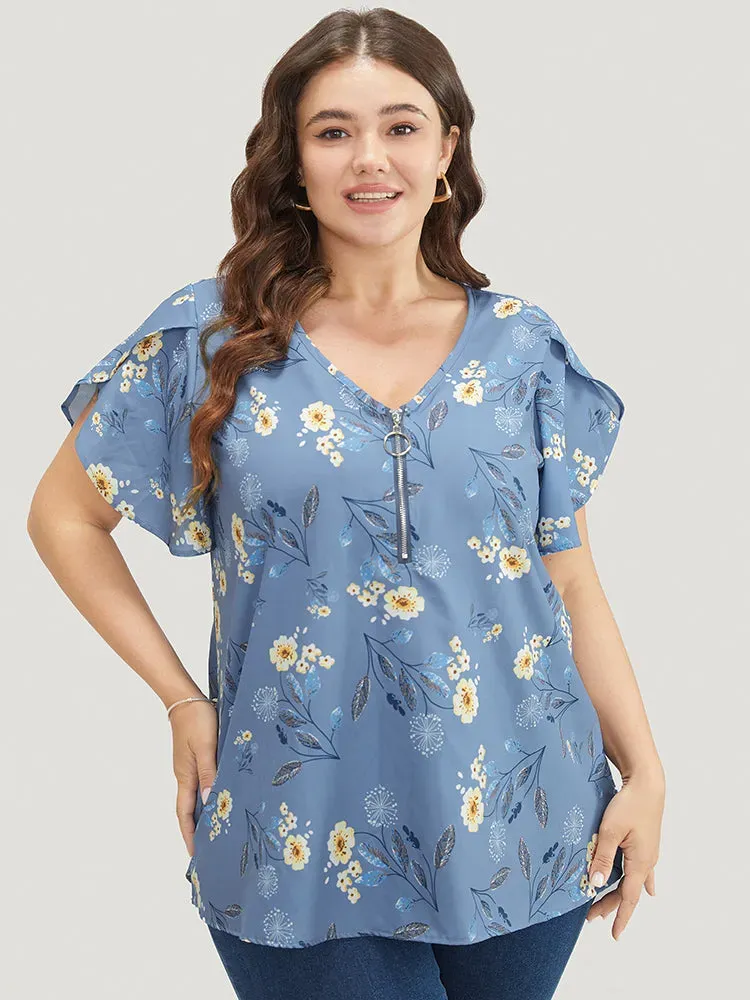 Floral O Ring Zipper Split Petal Sleeve Blouse