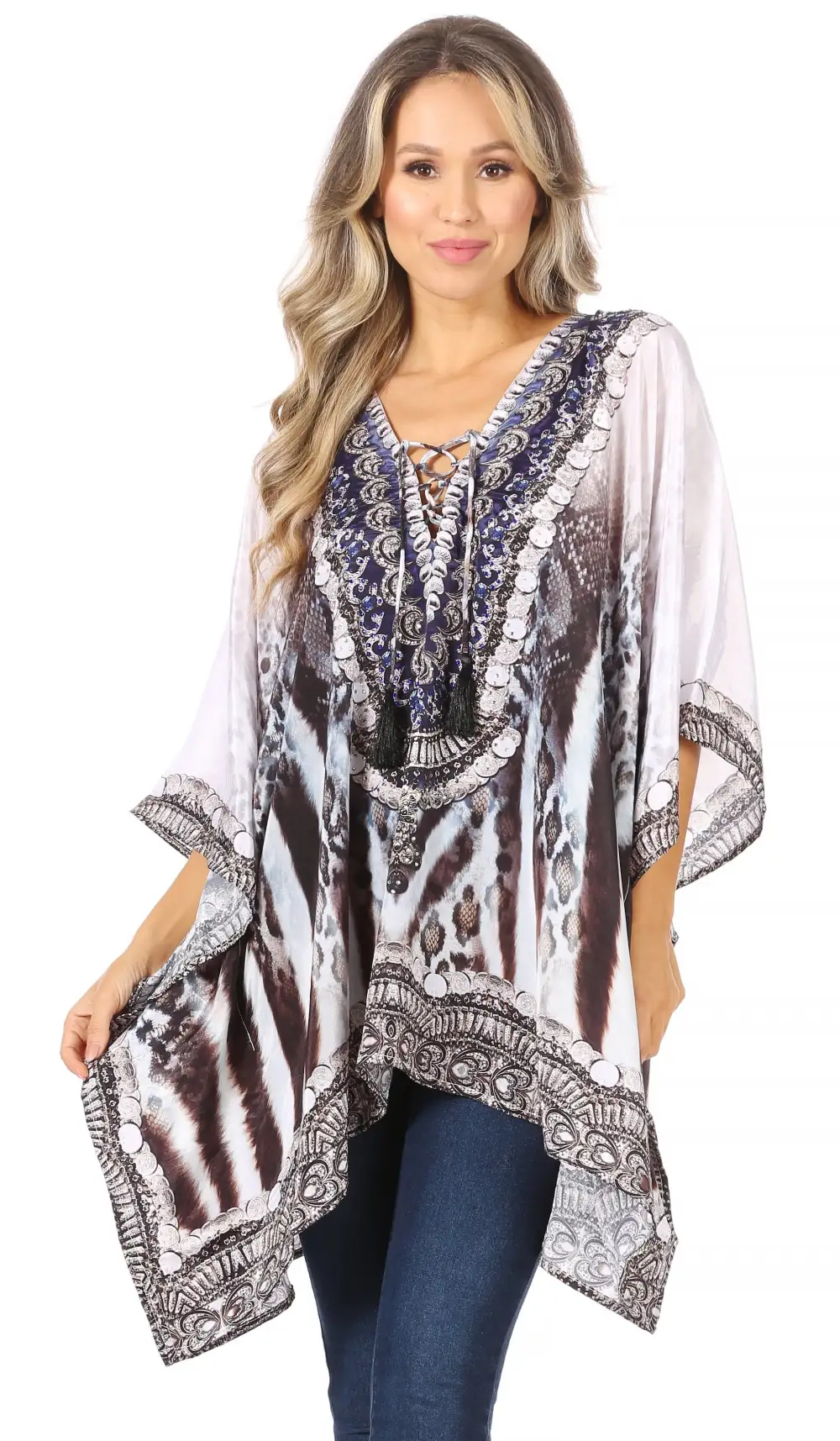 Women's Caftan Poncho Cover up V neck Top Lace up With Rhinestone