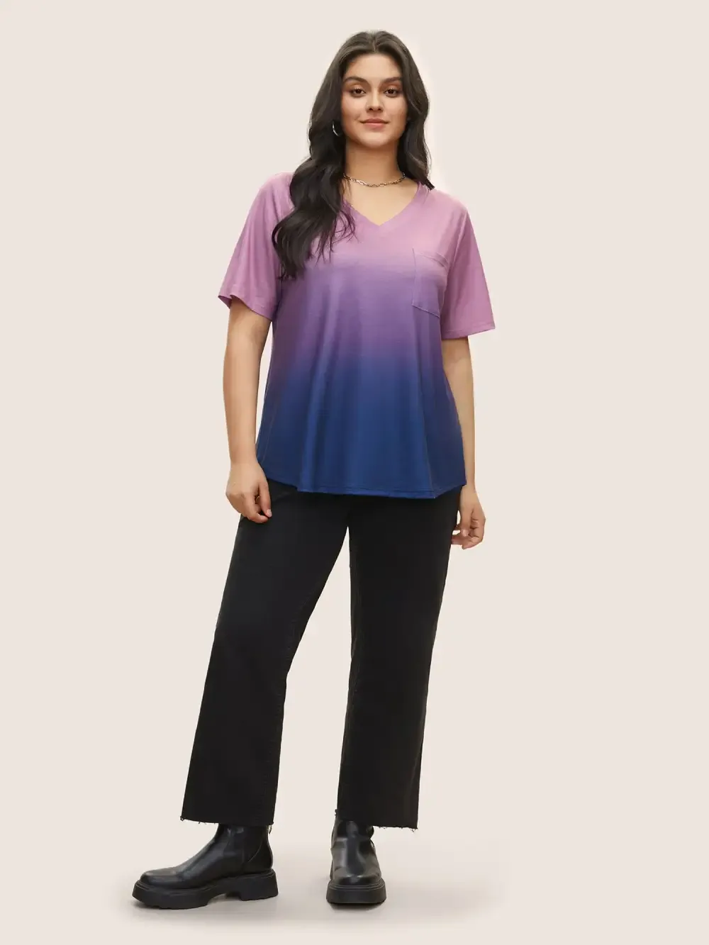 Ombre Contrast Patched Pocket T-Shirt