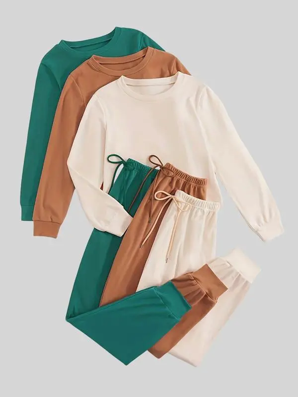 Women's lounge/pajama set: solid long-sleeve round-neck tee + tie-front elastic-waist pants, casual and comfy