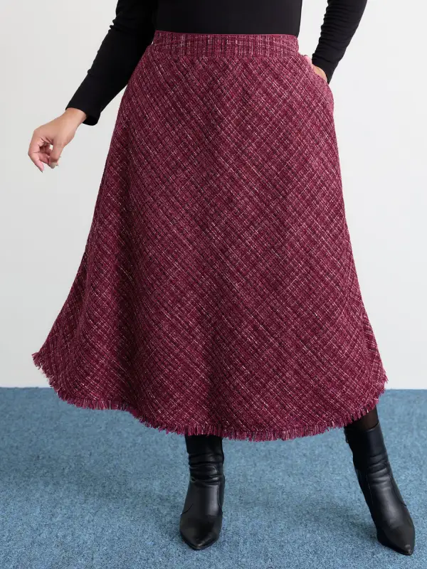 Tweed Fringe Hem Flowy Maxi Skirt