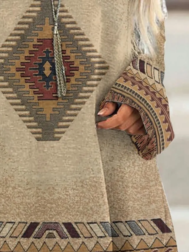 Women's T shirt Tee Burgundy Tee Tunic Shirts Marron Yellow Light Green Geometric Plaid Print Long Sleeve Casual Vintage Tunic Ethnic Round Neck Regular Fit Bohemian Theme Geometric Plus Size Fall