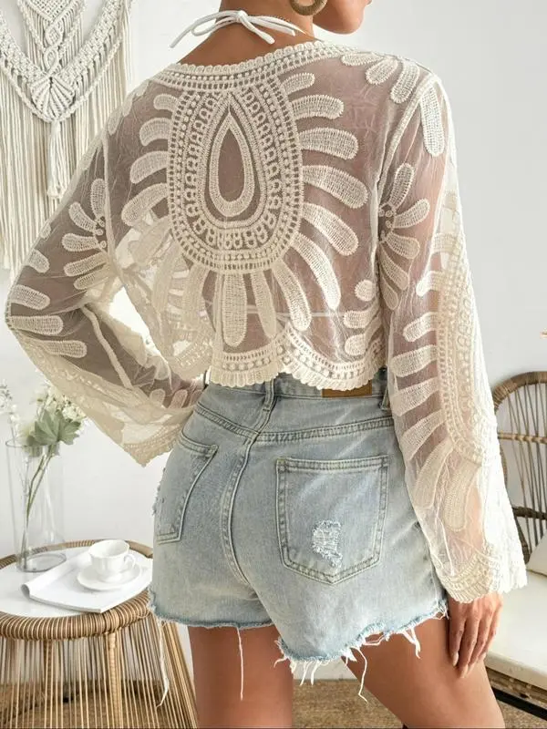 Women's Floral Embroidered Sheer Long Sleeve Beach Cover Up