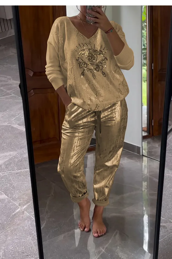 Women's fashionable sequin embroidered eye top & bronzing trousers two-piece set