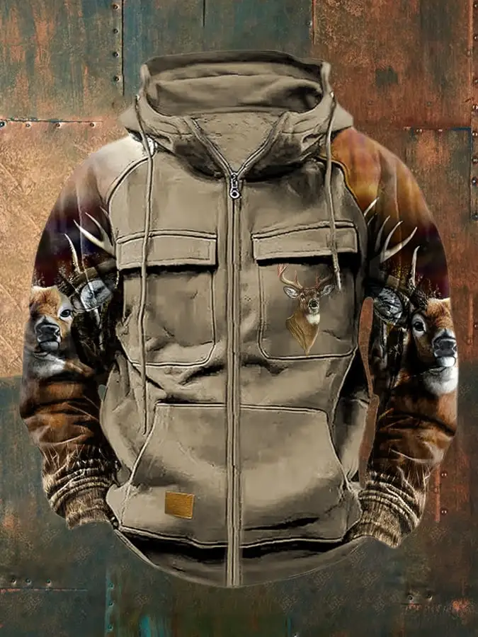 Men's Vintage Western Deer Print Multi-Pocket Jacket