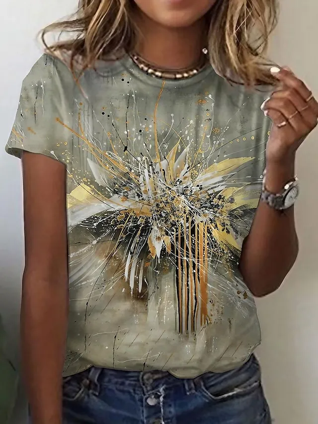 Women's T shirt Tee Grass Green Black Yellow Graphic Abstract Print Short Sleeve Daily Weekend Vintage Basic Round Neck Regular Geometric S