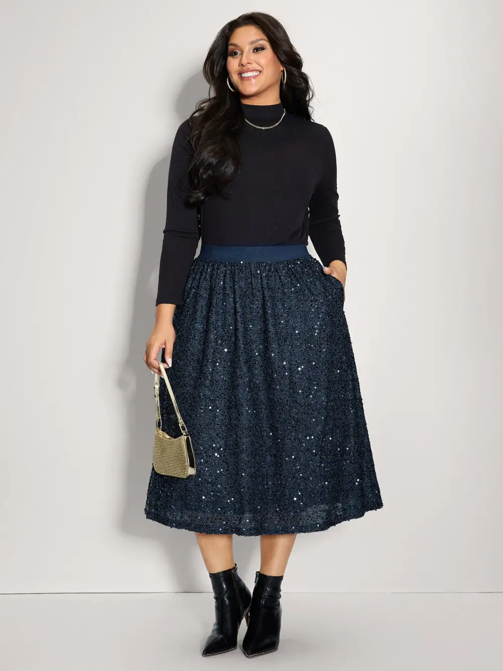 Shimmery Sequin Shirred Waist Midi Skirt