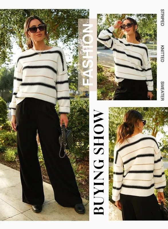 Womens Color Block Sweaters Long Sleeve Crewneck Pullover Knit Jumper Tops
