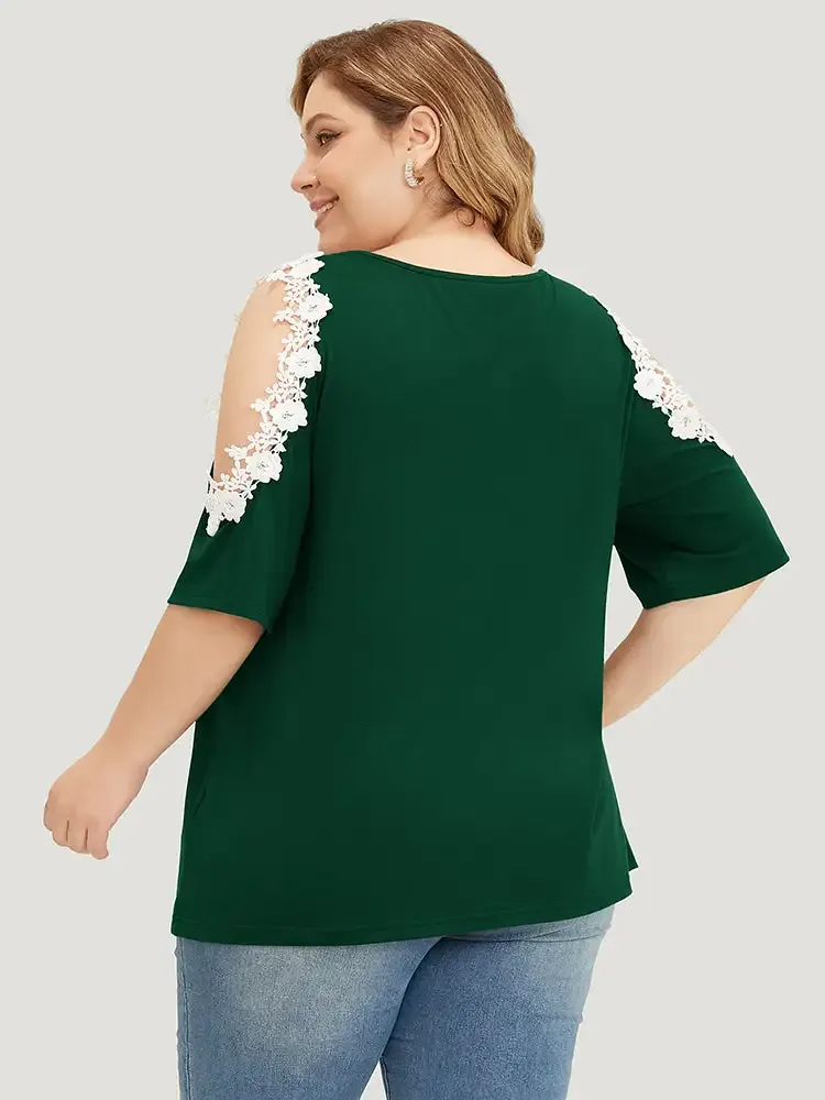 Solid Guipure Lace Cold Shoulder T-shirt