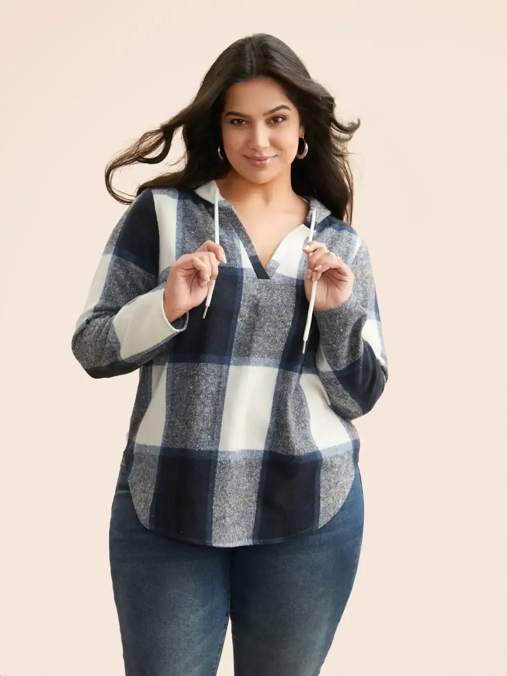 Brushed Fabric Plaid Hooded Sweatshirt