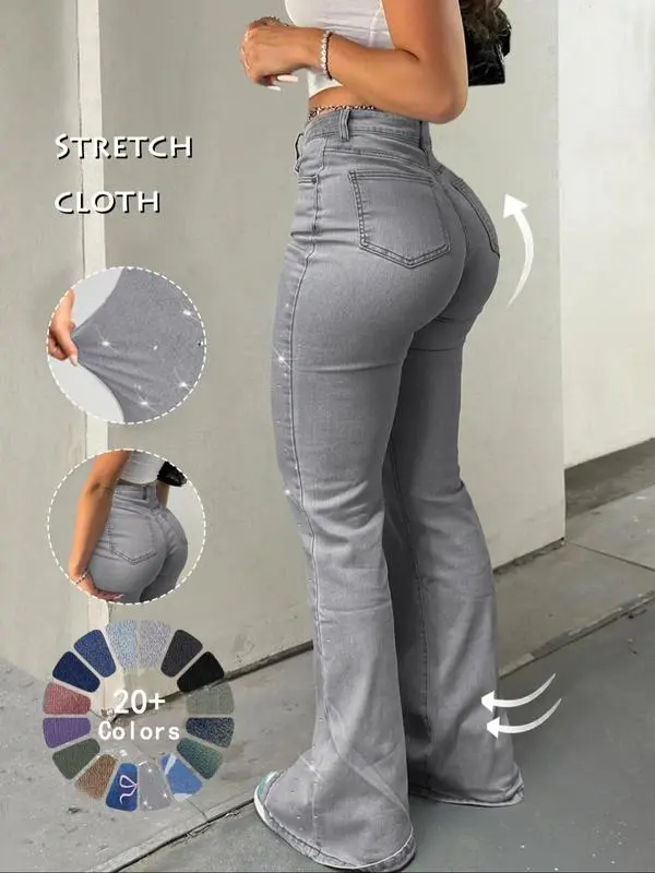 Women's High Waist Flare Jeans – Casual Button Fly Bell Bottom Denim Trousers