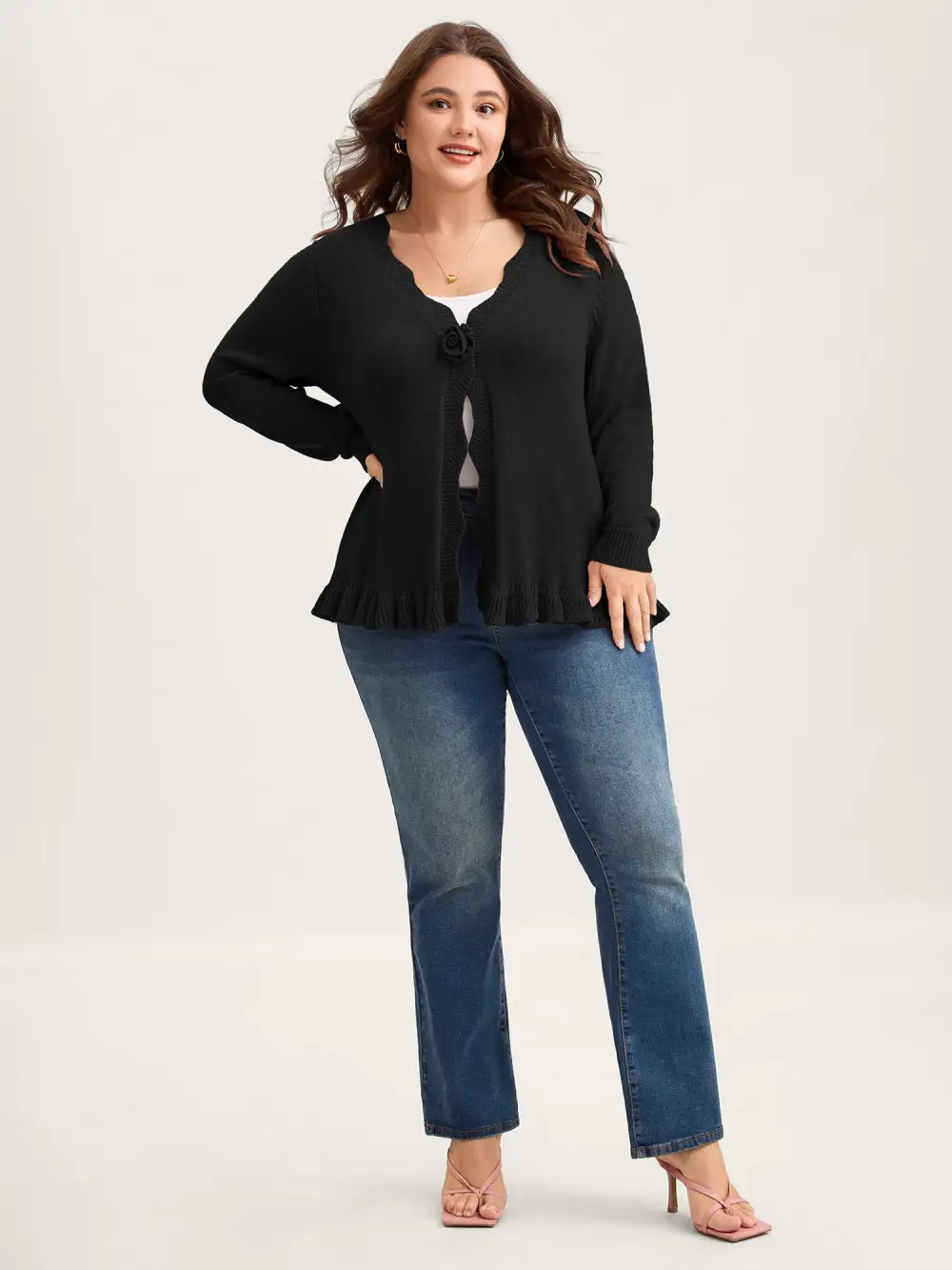 Supersoft Textured Floral Button Ruffled Hem Knit Cardigan