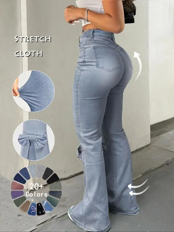 Women's High Waist Flare Jeans – Casual Button Fly Bell Bottom Denim Trousers