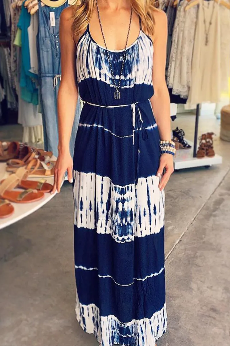 Casual Print Split Joint Spaghetti Strap Cake Skirt Dresses