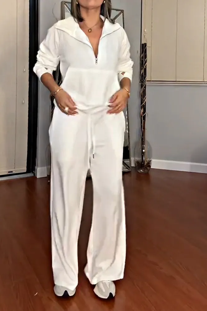 Women's solid color zipper V-neck top and pants two-piece set