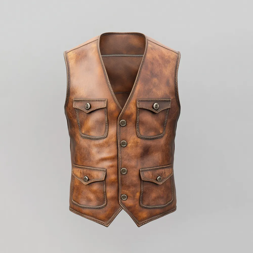 Men's Retro V Neck Button Multiple Pockets PU Leather Vest