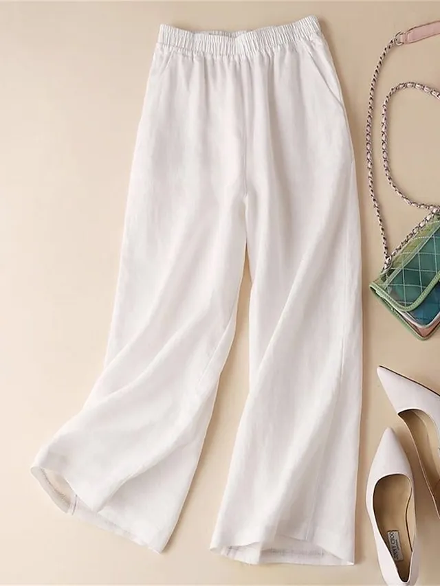 Women's Wide Leg Pants Casual Maillard Chinos Baggy Ankle-Length Cotton And Linen Pocket Micro-elastic High Waist Fashion Streetwear Daily Wear Black White M L Summer  Fall