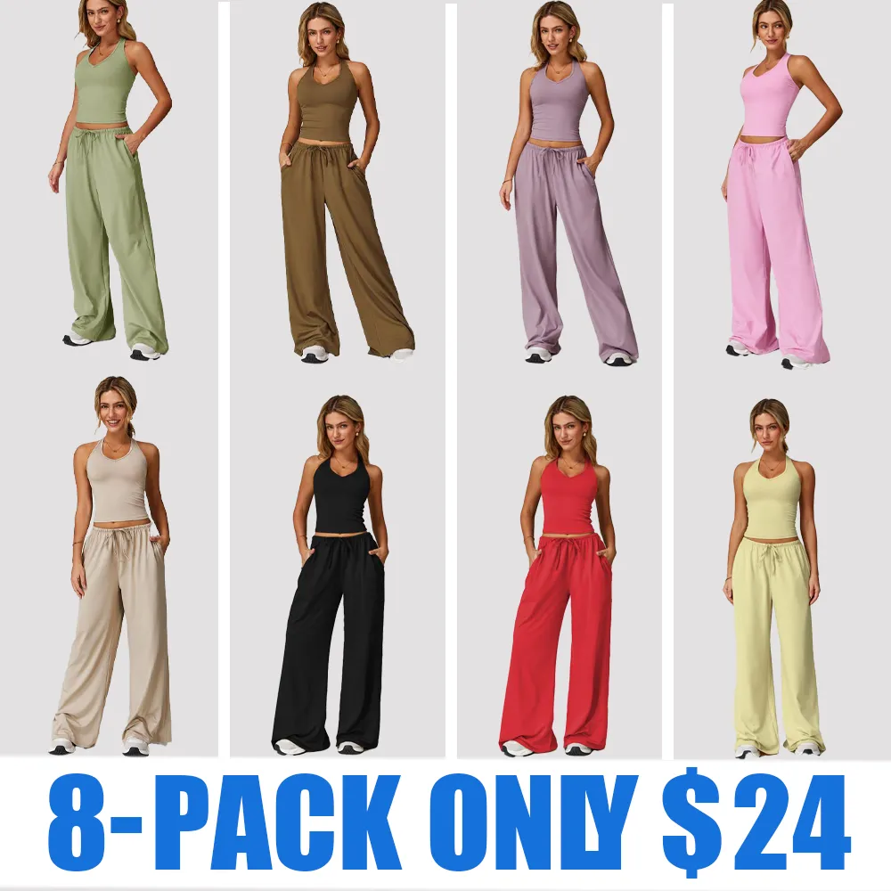 Women's Summer 2 Piece Set – Sleeveless V Neck Crop Top & Wide Leg Pants, Casual Lightweight Outfit