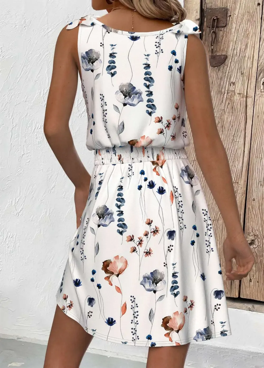 White Smocked Floral Print Short Sleeveless V Neck Dress