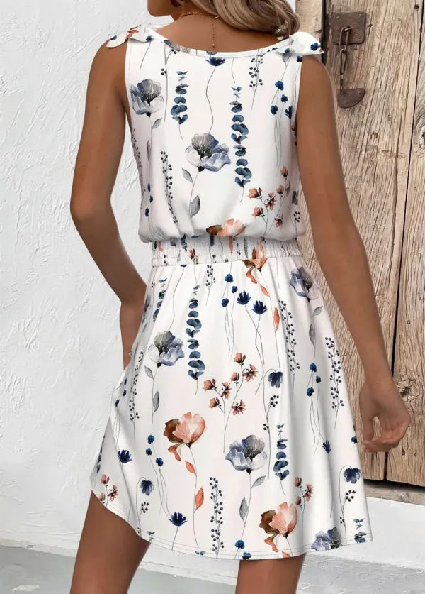 White Smocked Floral Print Short Sleeveless V Neck Dress