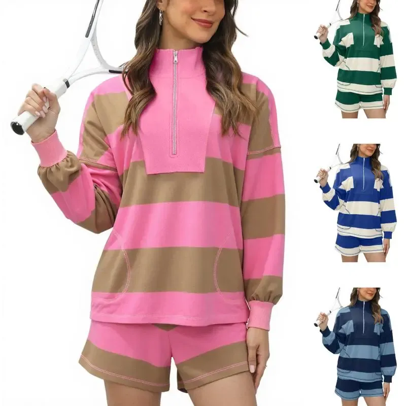 Women's Lounge Set 2 Piece Striped Long Sleeve Quarter Zip