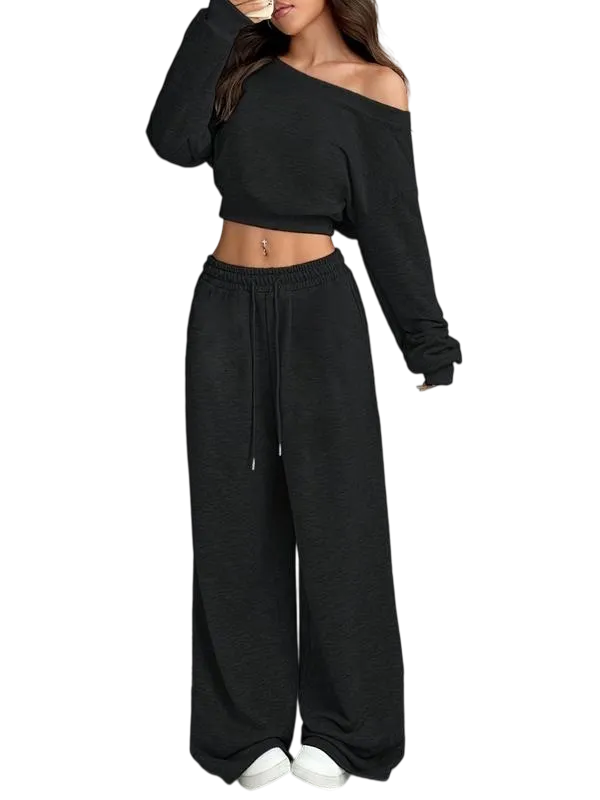 Women's Solid One-Shoulder Hoodie Set: Loose Knit, Long Sleeve Short Top