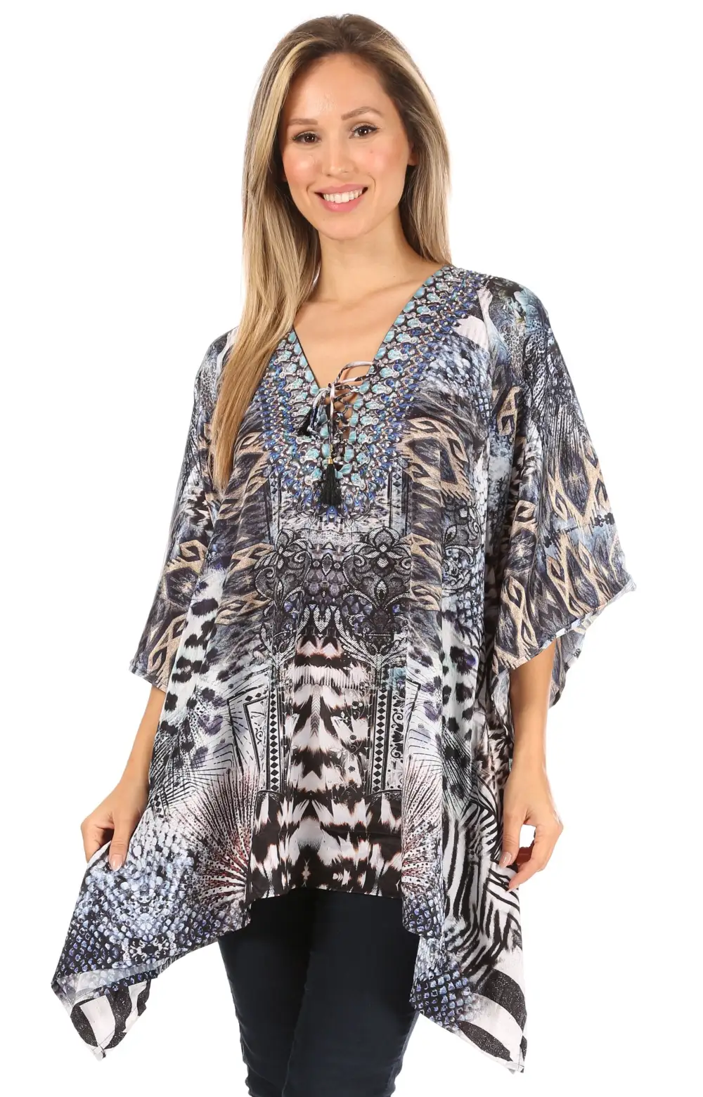 Women's Caftan Poncho Cover up V neck Top Lace up With Rhinestone