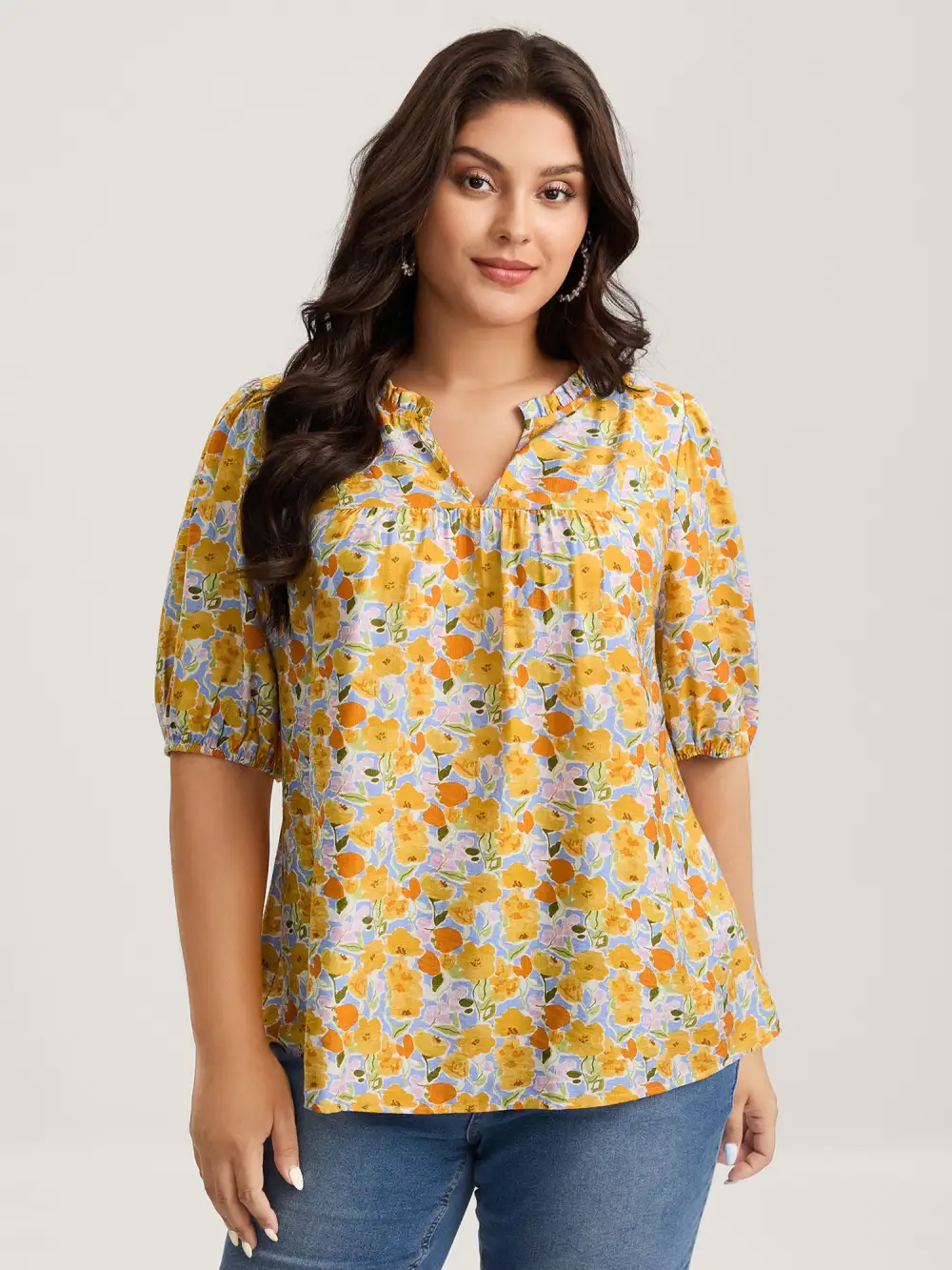 Rayon Ruffled Notched Collar Blouse