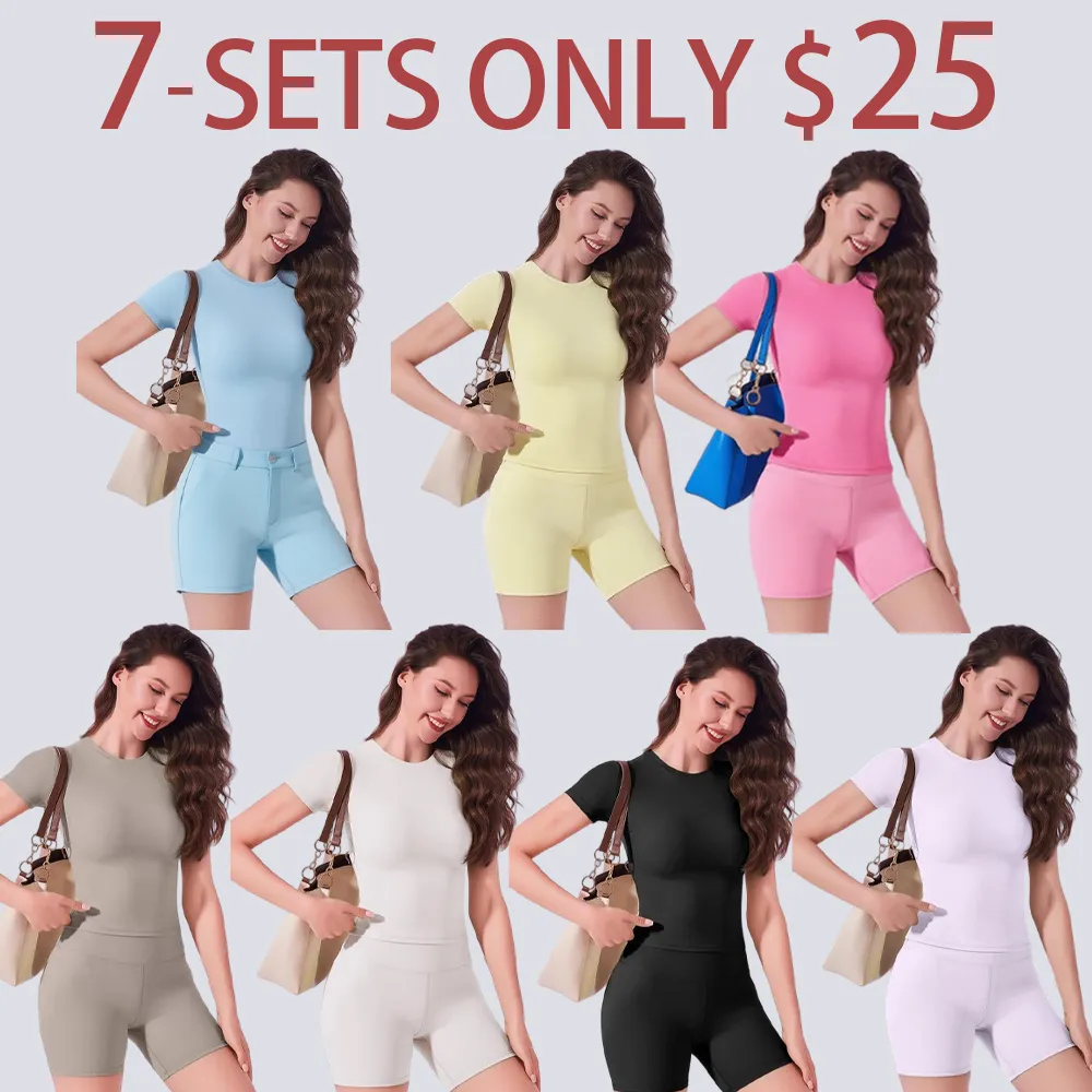Women's Seamless 2-Piece Workout Set – Short Sleeve Top & High Waist Biker Shorts