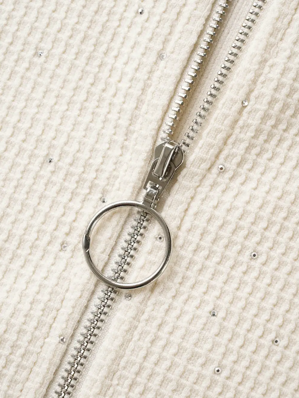 Textured Rhinestone Hooded O Ring Zipper Sweatshirt