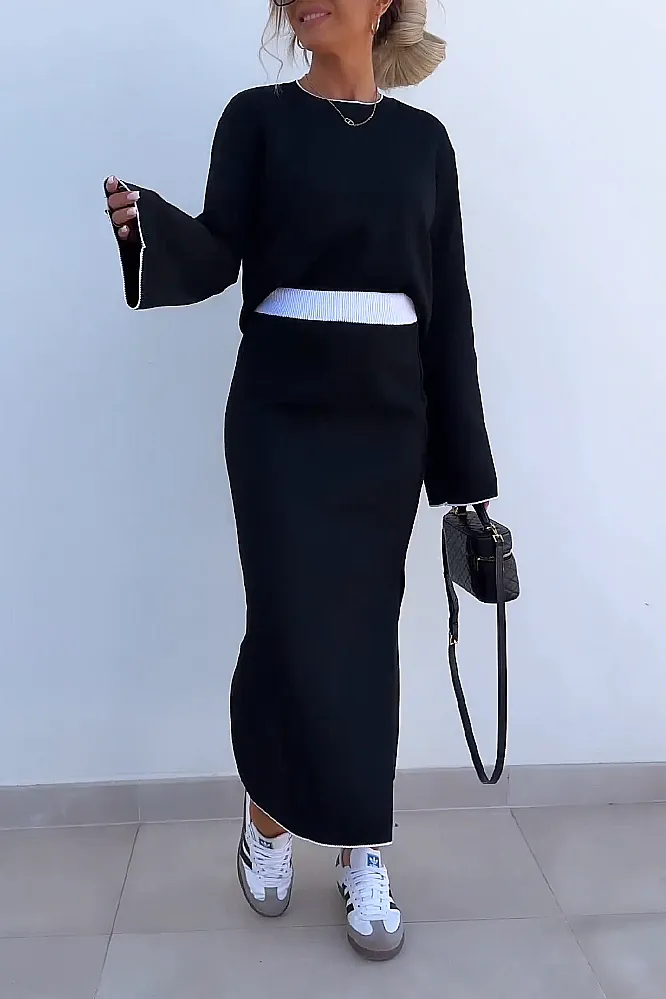 Women's solid color contrasting round neck top and skirt two-piece set