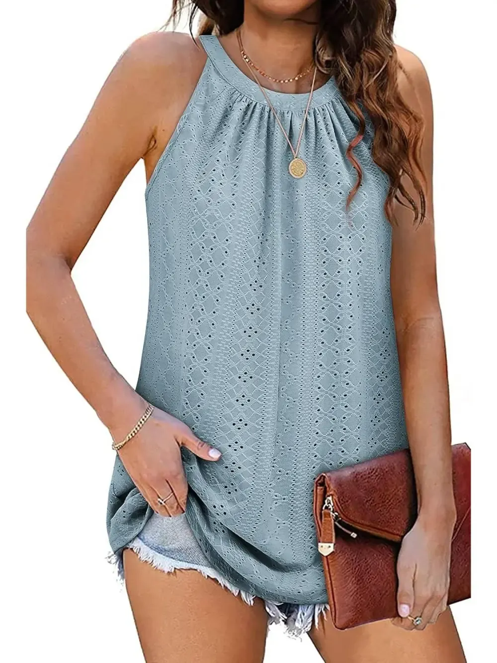 ✨Women Casual Pleated Eyelet Loose Fit High Neck Sleeveless Halter Tank Tops