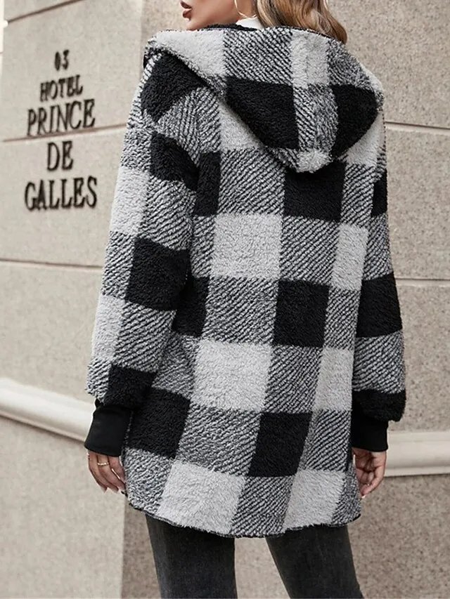 Women's Fleece Jacket Teddy Coat Hoodie Jacket Warm Breathable Street Daily Wear Vacation Going out Pocket Fleece Lined Open Front Hoodie Casual Street Style Stripes and Plaid Regular Fit Outerwear