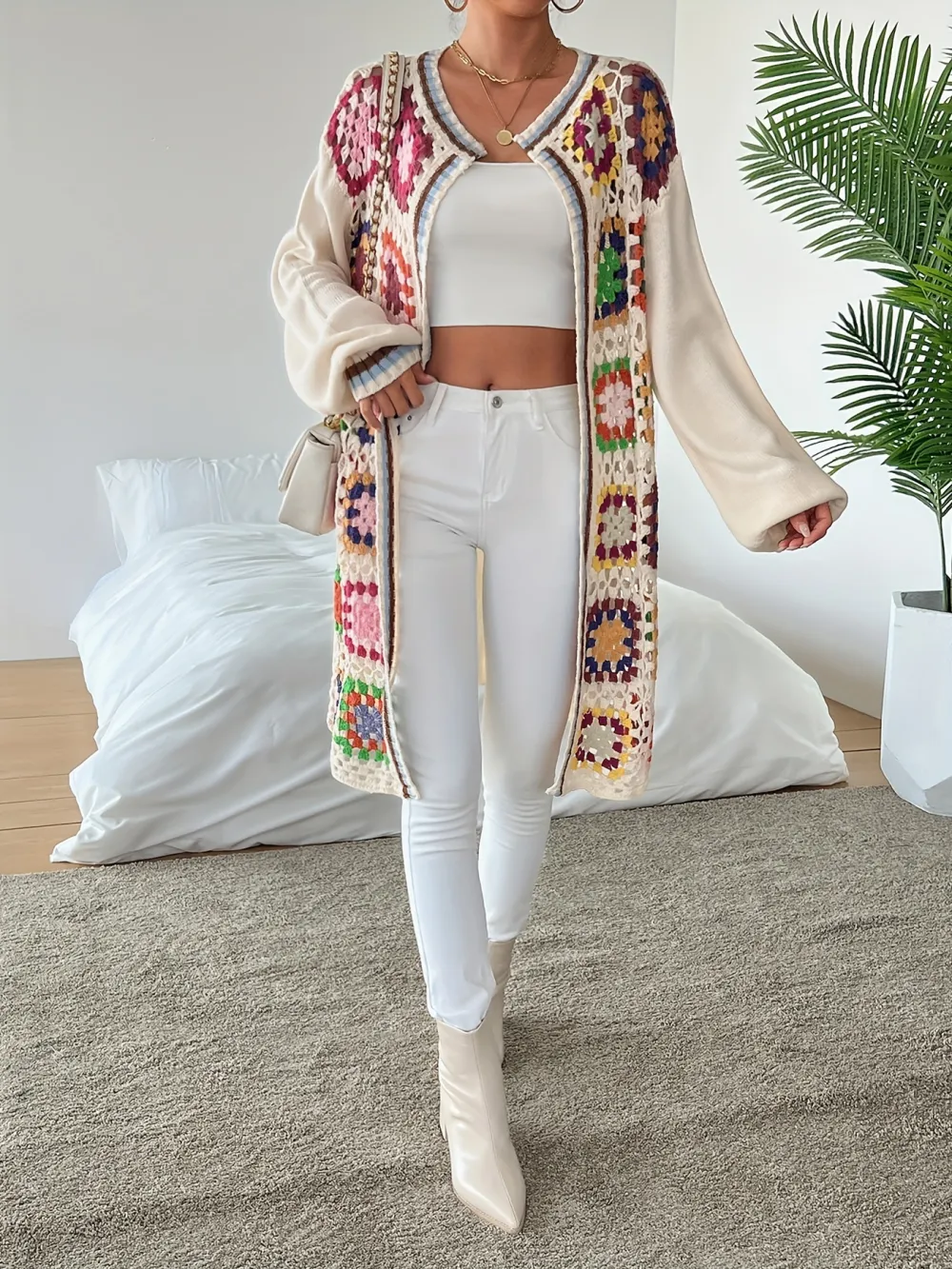 Colorful Crochet Open Front Cardigan, Versatile Drop Shoulder Long Sleeve Mid-length Cardigan For Spring & Fall, Women's Clothing