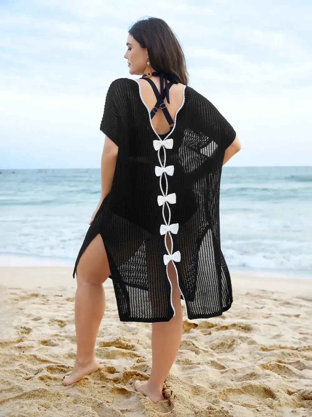 Scalloped Neck Textured Bow Swim Cover Up