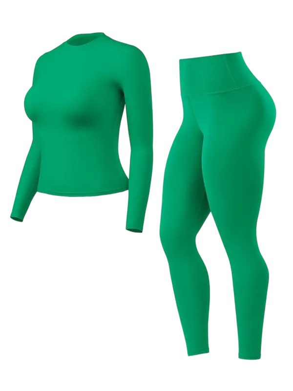 Women's Solid Long Sleeve Tee & High Waist Leggings Sportswear Set