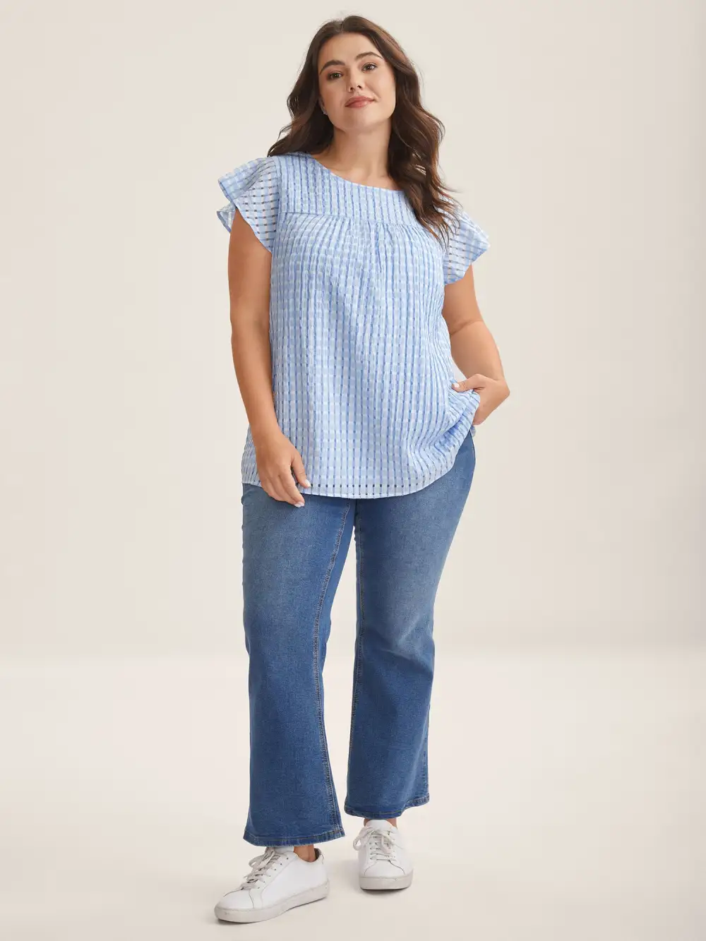 Textured Sheer Lined Flutter Sleeve Blouse