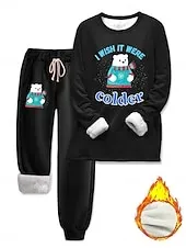 Women's Elegant Warm Fashion Two Piece Sets Tracksuit Pants Sets Long Sleeve Bishop Sleeve Crew Neck Graphic Animal Letter Print Outdoor Vacation Casual Black Pink Dark Pink Spring Regular Fit