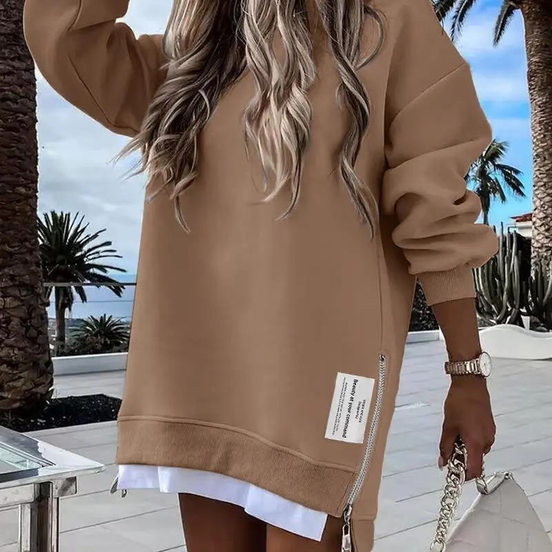 Womens Long Sleeve Zipper Slit Sweatshirt Dress