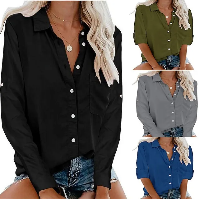 Women's Shirt Blouse Black White Wine Plain Long Sleeve Work Daily Basic Business Elegant Shirt Collar Regular Cotton Loose Fit S