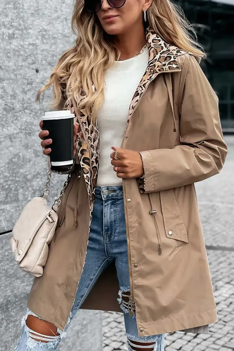 Casual Leopard Print Patchwork Hooded Windbreaker Jacket