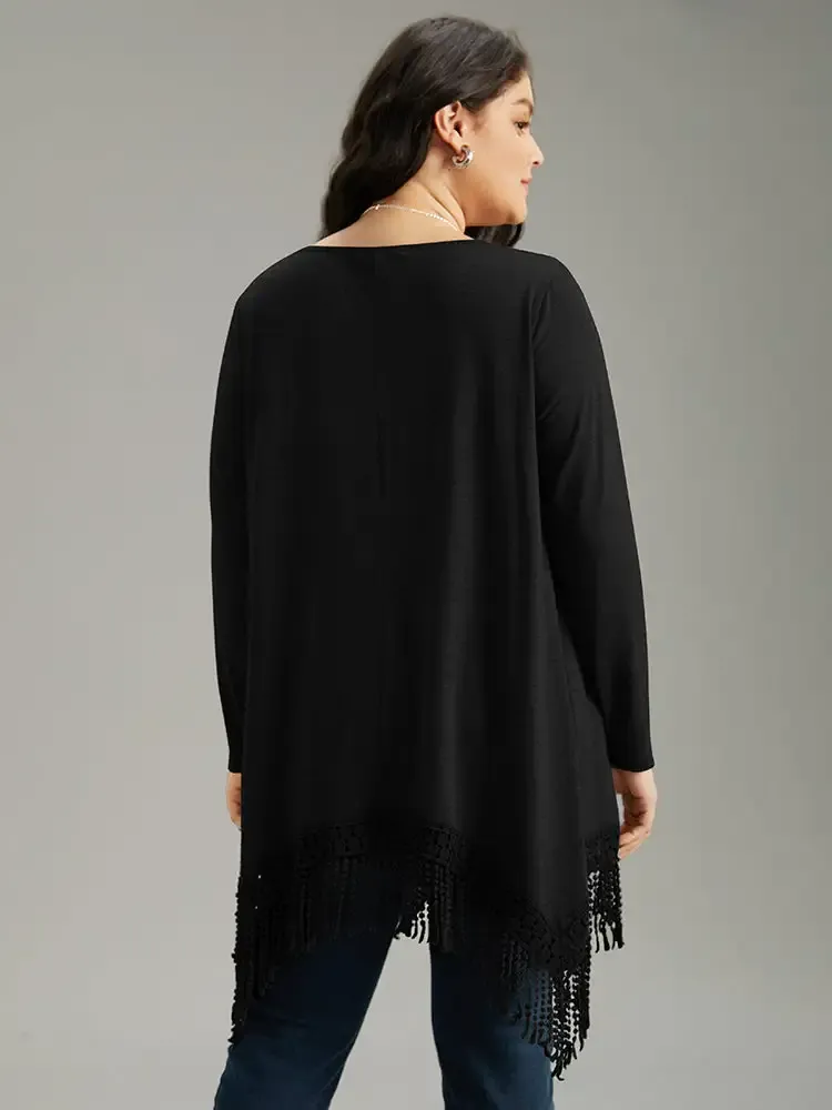 Solid Tassels Trim Pocket Asymmetrical Hem T-Shirt